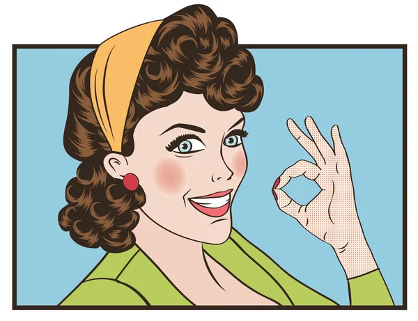 Pop art cute retro woman in comics style with OK sign — Stock Vector