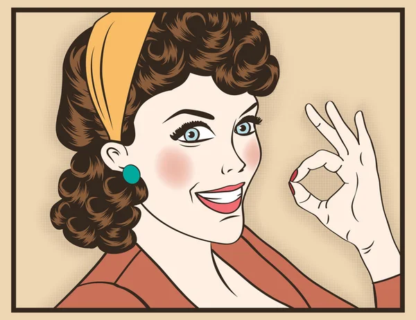 Pop art cute retro woman in comics style with OK sign — Stock Vector