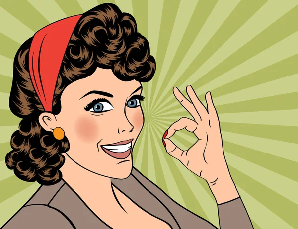 Arte pop linda mujer retro en el estilo de los cómics con signo OK — Vector de stock