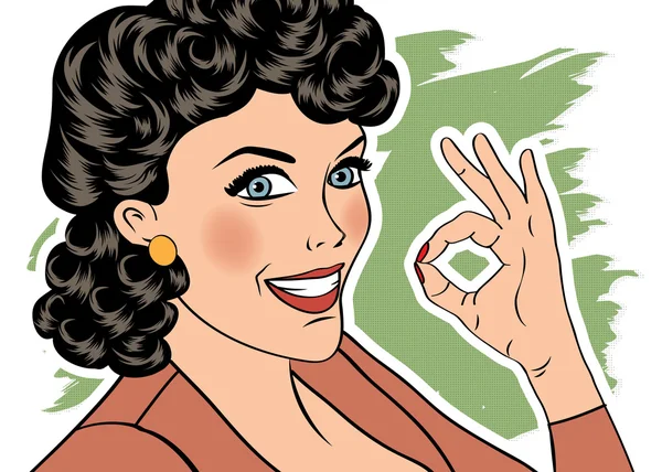 Pop Art niedliche Retro-Frau im Comicstil mit ok Zeichen — Stockvektor