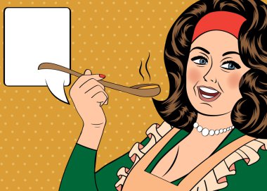 pop art retro woman with apron tasting her food clipart