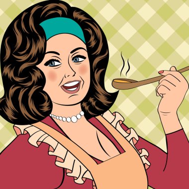 Pop sanat retro kadın ona yemek tatma önlük ile