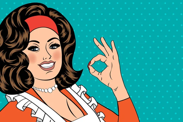 Arte pop linda mujer retro en el estilo de los cómics con signo OK — Archivo Imágenes Vectoriales