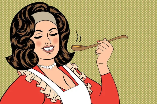 Arte pop mujer retro con delantal degustación de su comida — Vector de stock