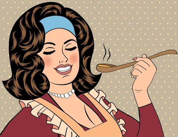 Arte pop mujer retro con delantal degustación de su comida — Vector de stock