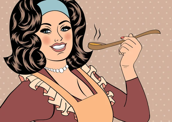 Arte pop mujer retro con delantal degustación de su comida — Vector de stock