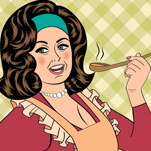 Popart retro vrouw met schort haar eten proeven — Stockvector