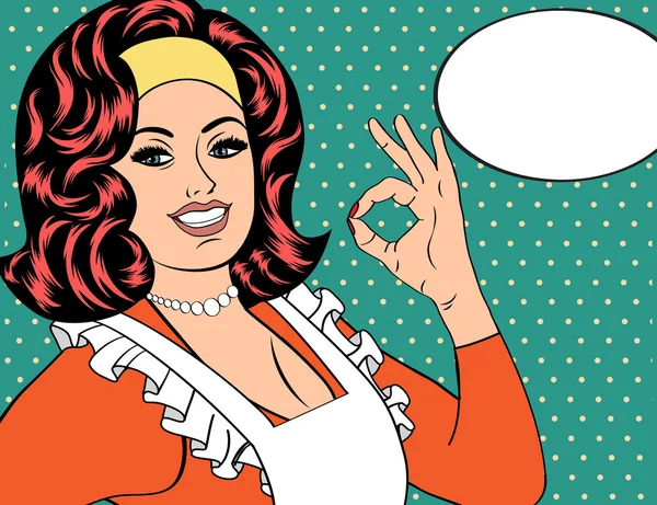 Pop Art niedliche Retro-Frau im Comicstil mit ok Zeichen — Stockvektor