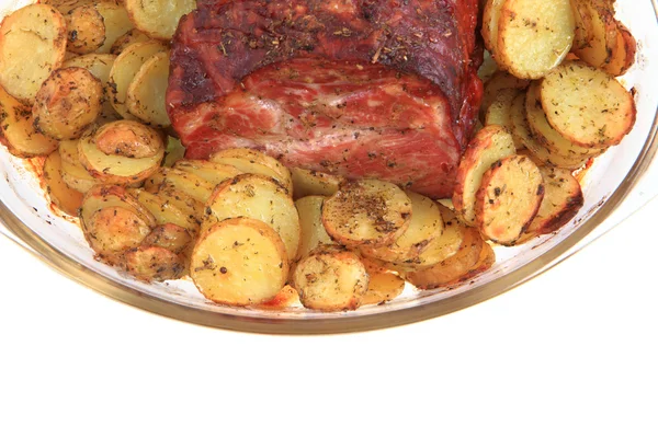 Smoked and grilled meat with potatoes slice — Stock Photo, Image