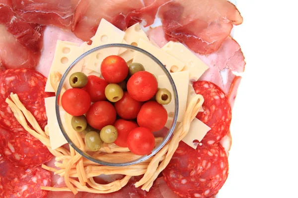 Ham cheese tomato olive as easy dinner — Stock Photo, Image