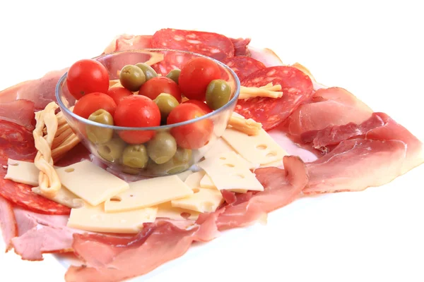 Ham cheese tomato olive as easy dinner — Stock Photo, Image