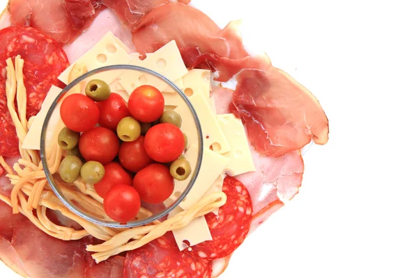 Ham cheese tomato olive as easy dinner — Stock Photo, Image
