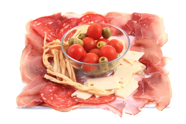 Jamón queso tomate aceituna como cena fácil — Foto de Stock