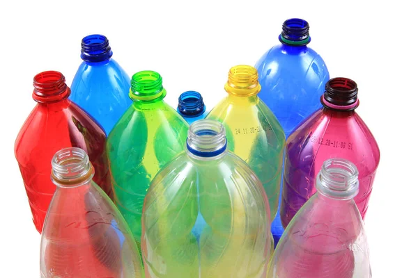 Πλαστικά Μπουκάλια Χρώματος Που Απομονώνονται Στο Λευκό Φόντο — Φωτογραφία Αρχείου