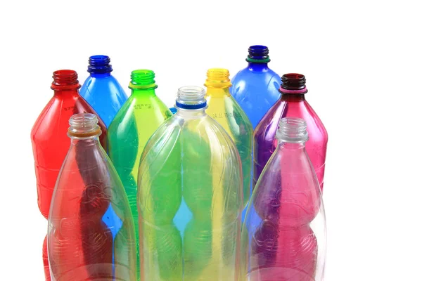 Πλαστικά Μπουκάλια Χρώματος Που Απομονώνονται Στο Λευκό Φόντο — Φωτογραφία Αρχείου