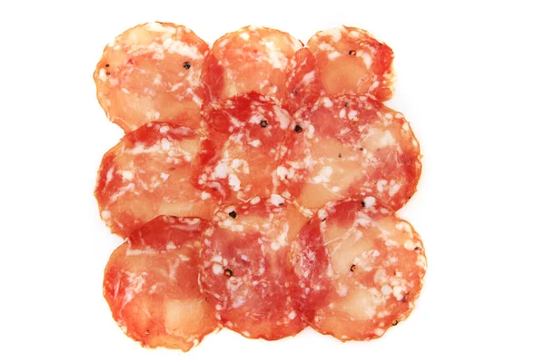 Getrocknete Italienische Salami Isoliert Auf Weißem Hintergrund — Stockfoto