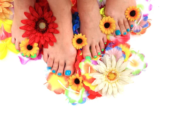 Mulheres pés (pedicure) com flores — Fotografia de Stock