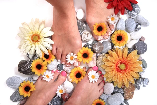 Mujeres pies y flores (pedicura tbackground ) —  Fotos de Stock