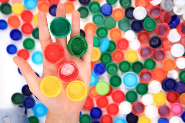 Collecting of color pet caps — Stock Photo, Image