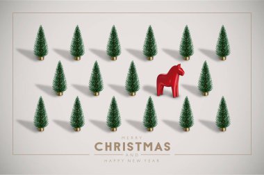  Noel ağaçları ve geleneksel İskandinav kırmızı Dala atı ile Minimalist Vintage Noel kartpostalı.