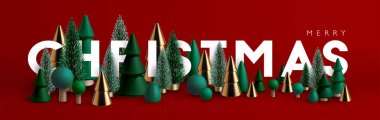 Noel afişi. Yeşil ve altından yapılmış Xmas Yatay bileşimi ve cam Noel ağaçları. Noel posteri, tebrik kartları, başlık veya profil kapağı.