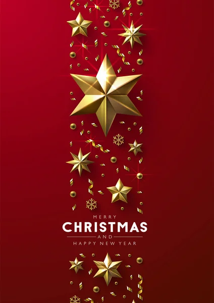 Рождественская Вертикальная Граница Золотых Звезд Бусин Снежинки — стоковый вектор