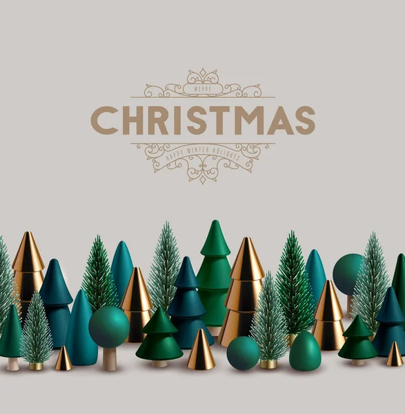 Vánoční Vodorovný Rámeček Zeleného Zlatého Dřeva Skla Vánoční Stromky — Stockový vektor