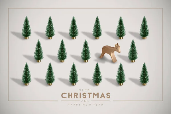 Minimalist Vintage Christmas Postcard Plastic Christmas Trees Wooden Toy Deer Stock Illustration