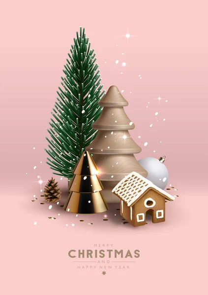 Composição Natal Feita Árvores Natal Madeira Vidro Plástico Casa Gengibre Ilustrações De Stock Royalty-Free