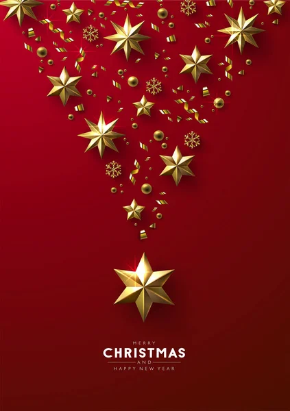 Vánoční Kompozice Střihu Realisticky Vypadající Zlaté Hvězdy Korálky Třpytivé Sněhové Royalty Free Stock Vektory