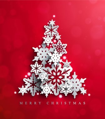Christmas and New Years Card with Christmas Tree made of decorative cutout snowflakes on the bright red background. clipart