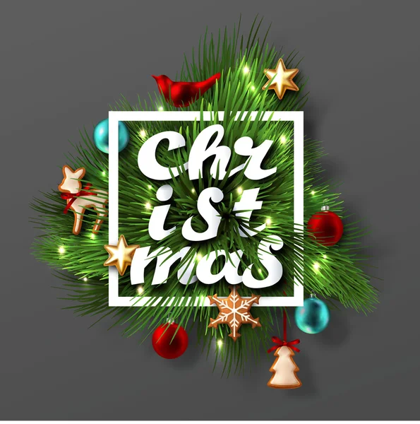 Étiquette de Noël avec boules, étoiles et biscuits — Image vectorielle
