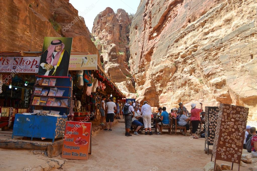 PETRA, JORDAN - MAY 18, 2015: Tourists Souvenirs Area inside Petra in front of the treasury. Petra is one of the seven wonders of the world.