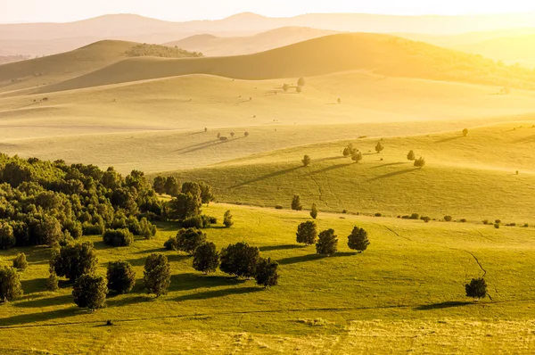 Montagne e prati al tramonto — Foto Stock