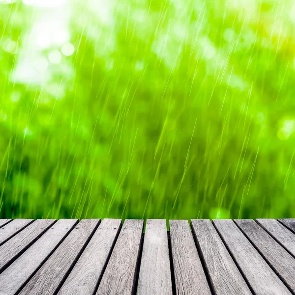 Passarela de madeira e fundo de chuva — Fotografia de Stock