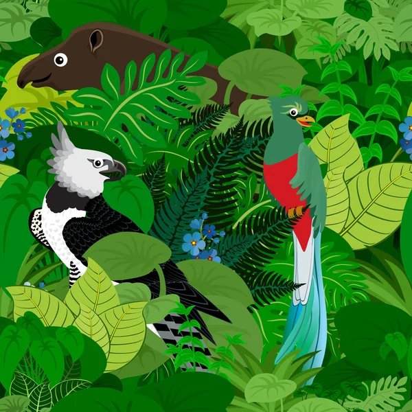 Tropický deštný prales bezešvé vektorové pozadí džungle s děti zvířata — Stockový vektor