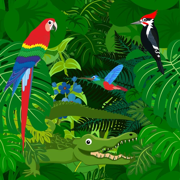 Vecteur sans couture forêt tropicale fond de jungle avec enfants animaux — Image vectorielle