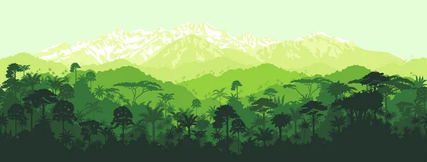 Vector horizontal seamless rainforest Jungle with mountains background — Stock Vector