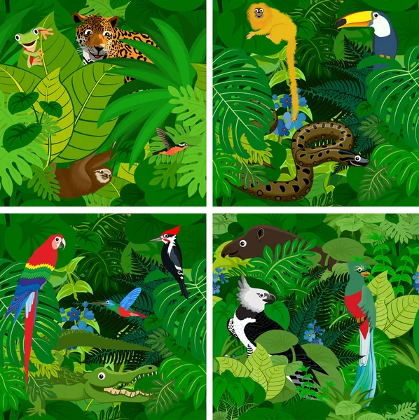 Seamless vector rainforest Jungle background with kids animals — Stock Vector