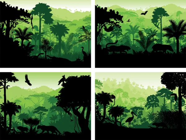Ensemble de modèles de conception de silhouettes d'animaux vectoriels de la forêt tropicale — Image vectorielle