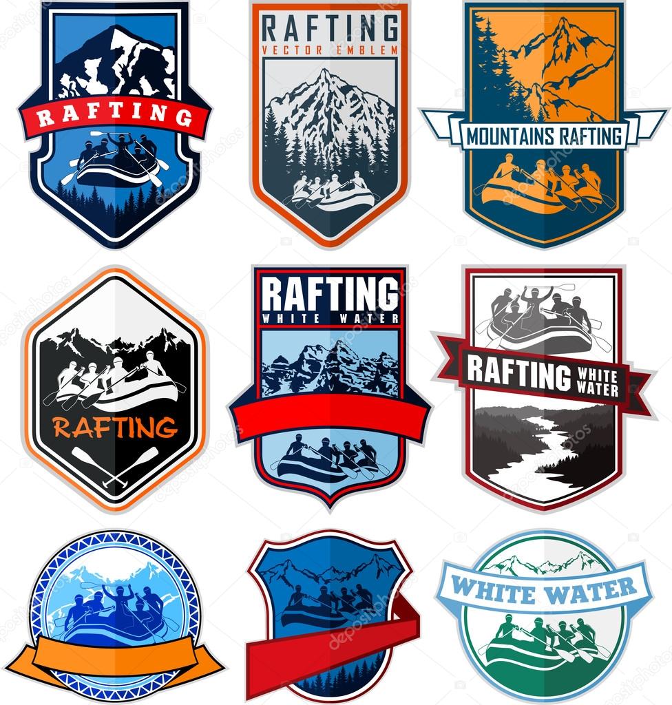 set of vector rafting emblems labels