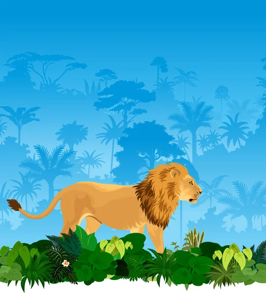 Vector lion in tropical jungle — Stock Vector