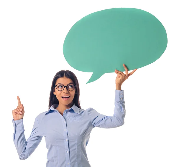 Beautiful business lady with speech bubble — Stock Photo, Image