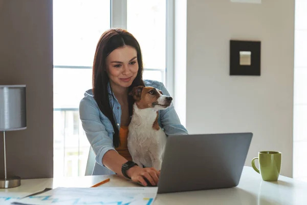 Jonge Succesvolle Zakenvrouw Die Plezier Heeft Thuis Zitten Keuken Aan — Stockfoto