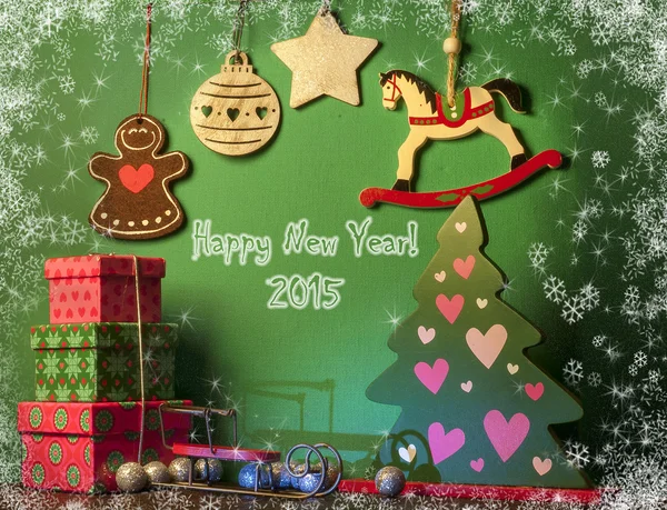 Christmas decorations with white horse. New year symbol 2015 — Stock Photo, Image
