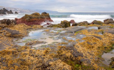 Siyah kum volkanik plajda güneş doğuyor. Tenerife