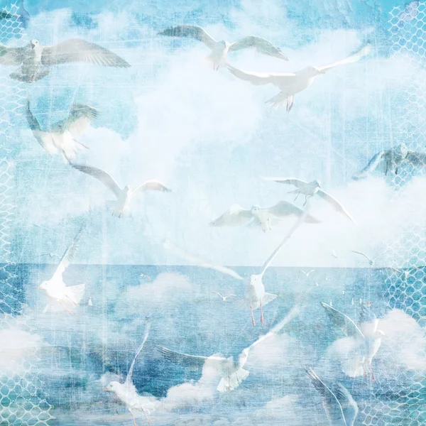 Um fundo de textura vintage abstrato com nuvens e gaivota . — Fotografia de Stock