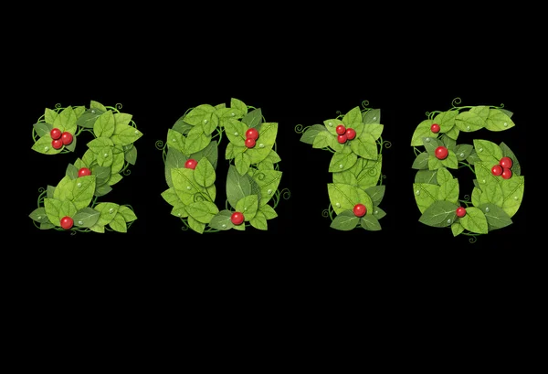 New year 2016. Date lined green leaves with drops of dew. — Stock Photo, Image