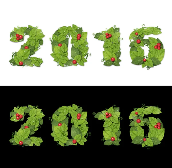 New year 2016. Date lined green leaves with drops of dew. — Stock Photo, Image