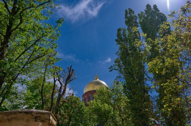 Ağaçlardaki tuğla bir kilisenin kubbesi mavi gökyüzü yatay fotoğrafına karşı.